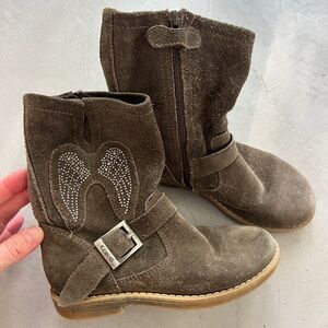 Girls Brown Leather Boots with Rhinestone Detail and Suede Finish